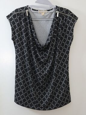 Michael Kors Black and White Chain-Print Cowl Neck Top